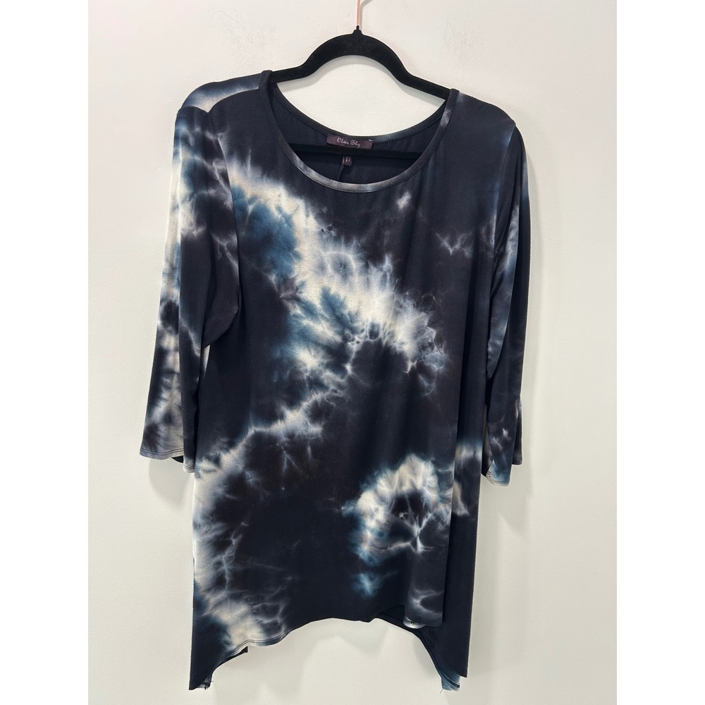 Olivia Sky Womens Tie Dye Tunic Top Navy Blue Sharkbite Hem 3/4 Sleeve Large